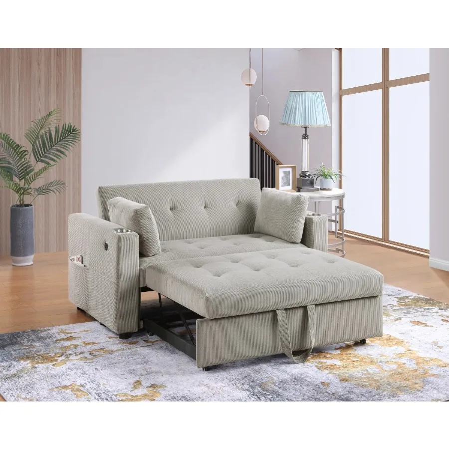 

Luelle 57"W Gray Corduroy Convertible Sleeper Loveseat with Cupholders USB Ports Magazine Pockets Pillows Tufting