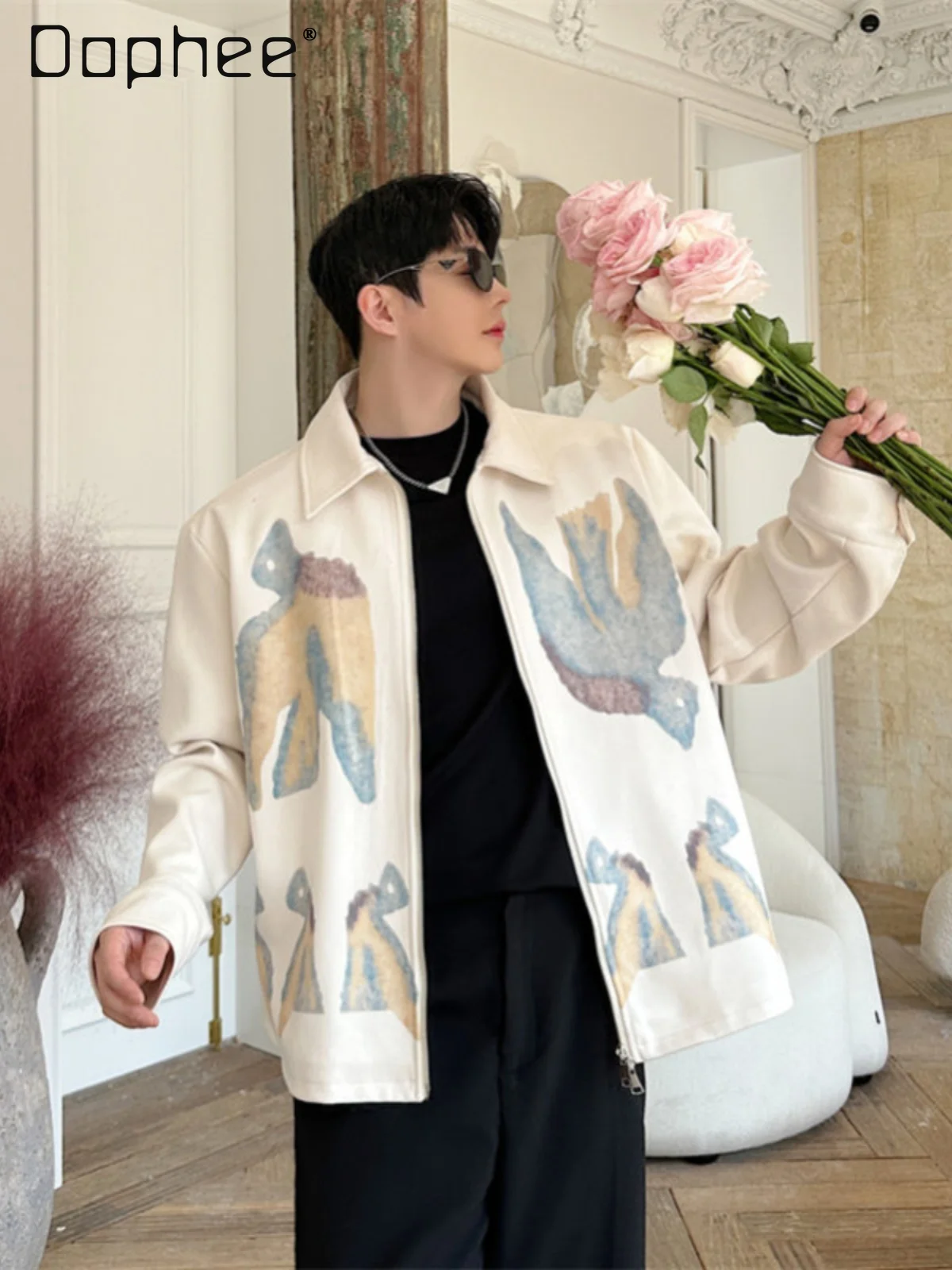 

2025 Spring and Autumn New Hot Sale Korean Style Men's Loose Casual Daily Turn-Down Collar Printed Off-White Jacket