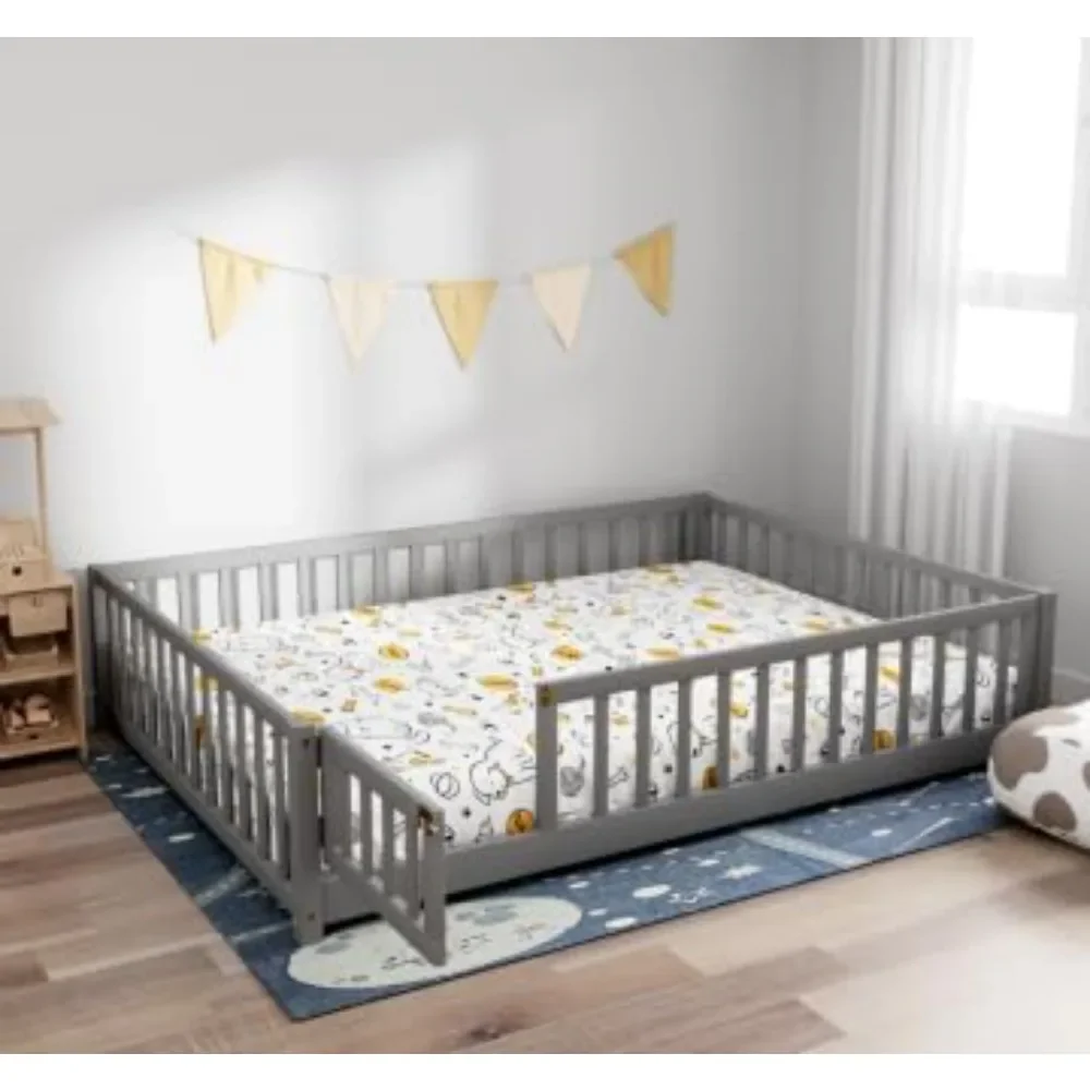 Full Size Floor Bed, Wood Platform With Fence, Montessori Bed Frame Design, Slats Support Playhouse Door