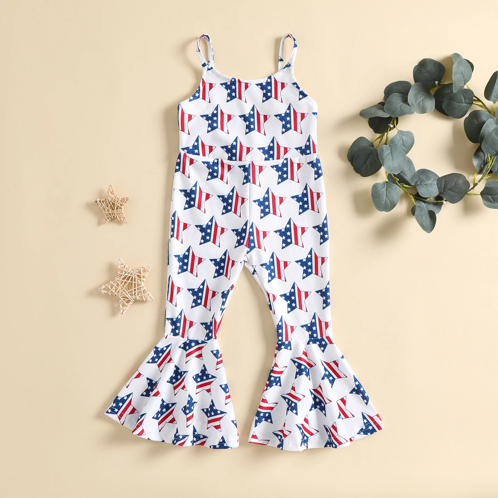 2022-03-23 Lioraitiin 0-5Years Toddler Baby Kid Girls Jumpsuit Independence Day Spaghetti Straps Star Stripes Print Flare Pants