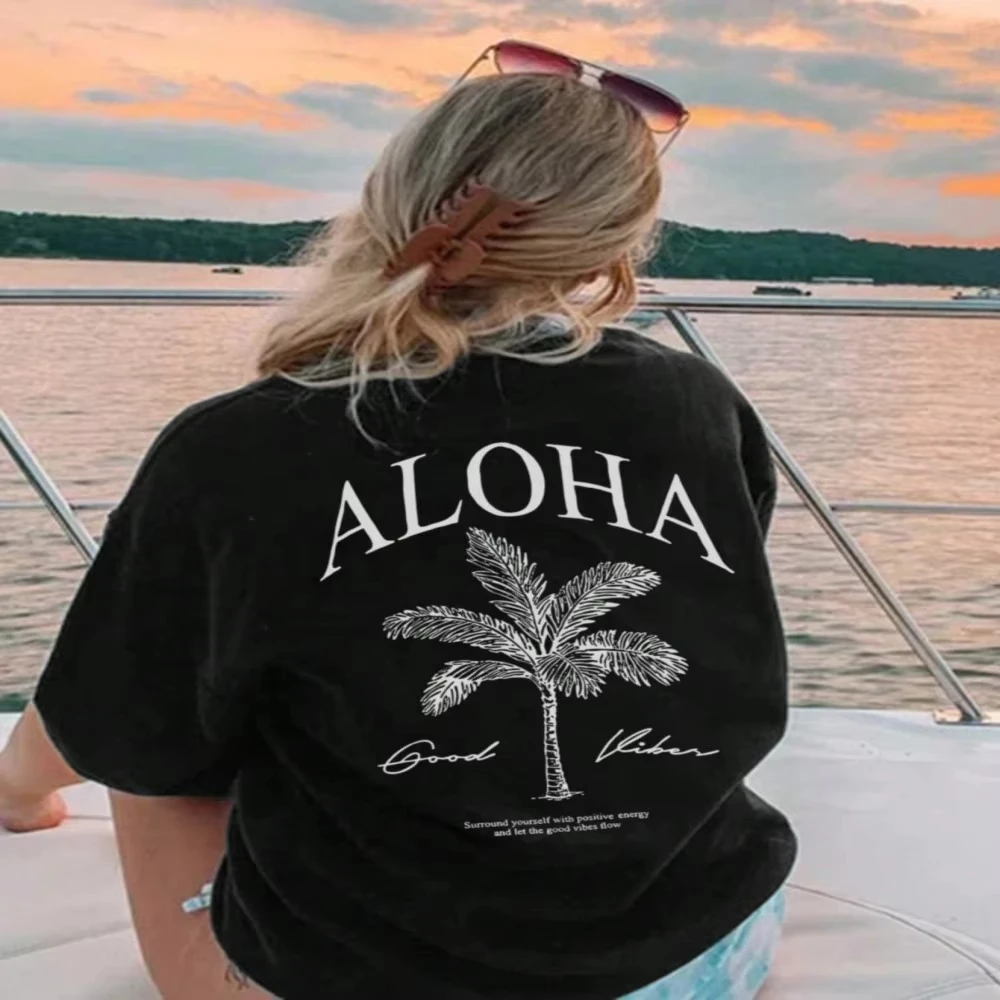 Unisex T Shirt ALOHA Good Vibes Beach Summer Vacation Palm Tree Tropical Hawaiian Graphic Print Streetwear Casual White