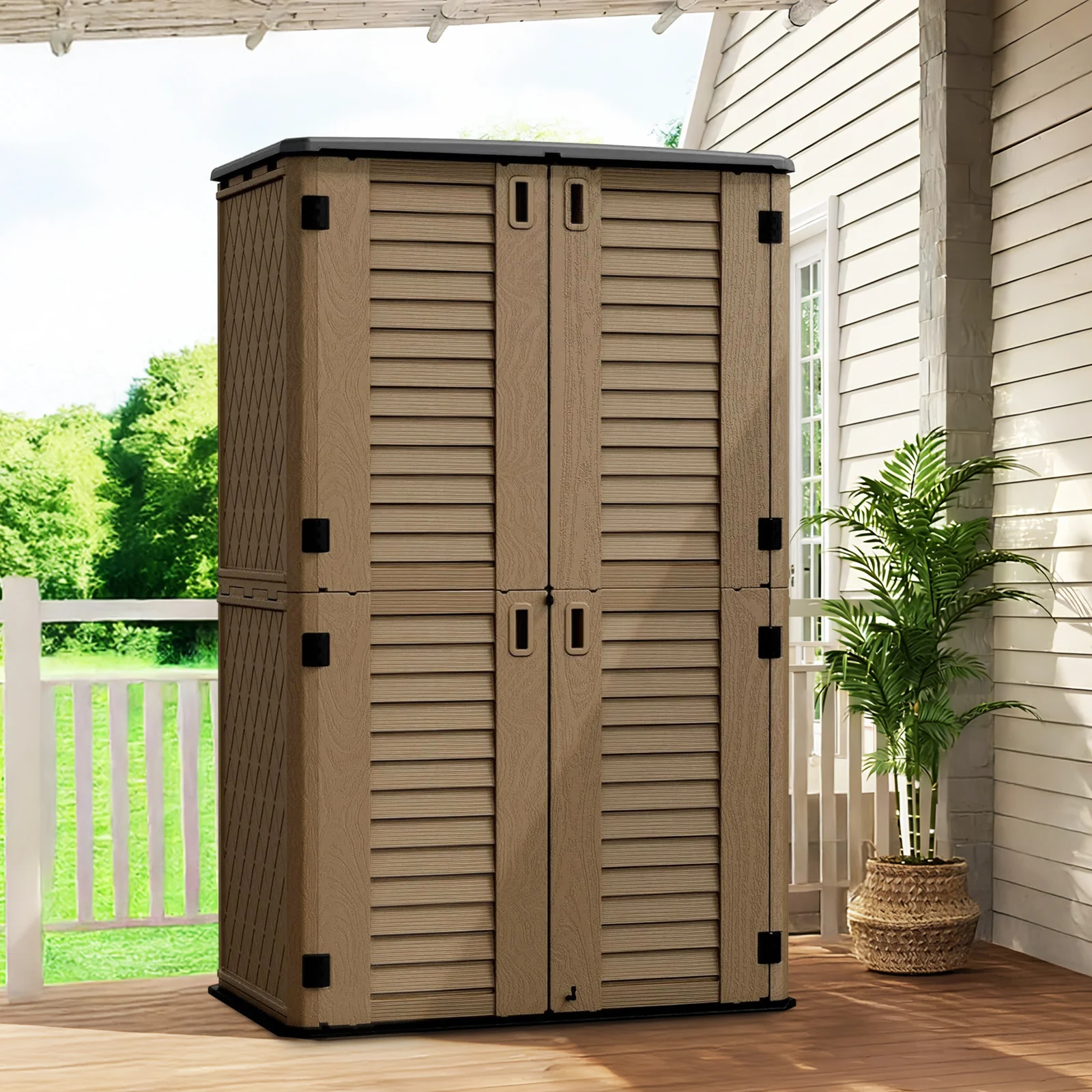 

Outdoor Storage Cabinet, Premium HDPE Waterproof Resin Deck Box with Floor Panel, Reinforced Corners. Weather-resistant & Sturdy for Garage, Pool Storage & Backyard Organization (Coffee)