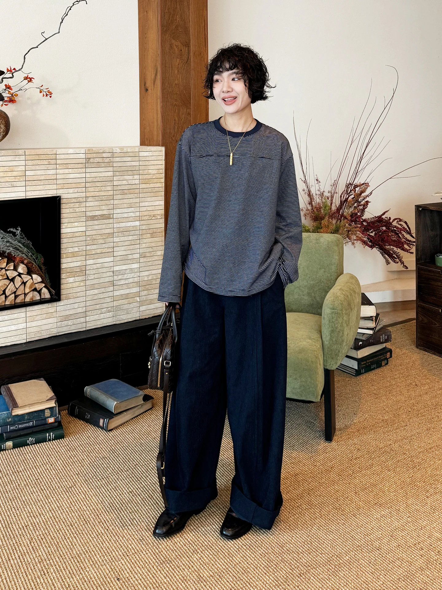 

Новый осенний повседневный топ в корейском стиле, свободный длинный футболка-поло в полоску, синий, 2025