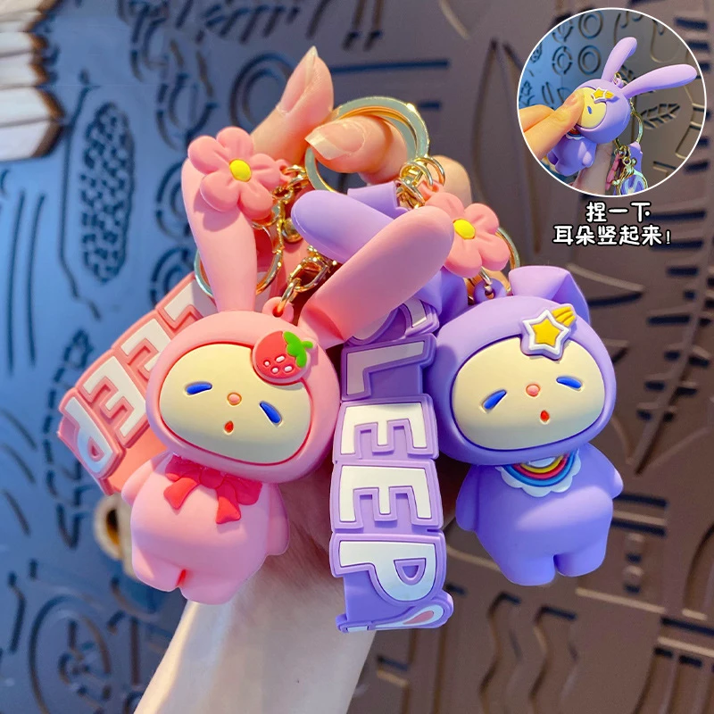 Cartoon Snooze Strawberry Elastic Ear Rabbit Keychain Flower Pendant Cute Carrot Scarf Bunny Doll Car Keyring Couple Bag Trinket