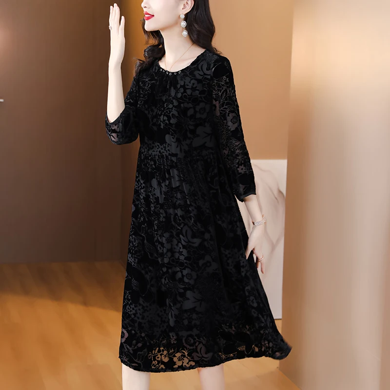 Summer Mesh Embroidered Dress Vintage Floral Midi Dress Summer Mid length Mesh Flesh Shield Slim Loose Fit Long Dress