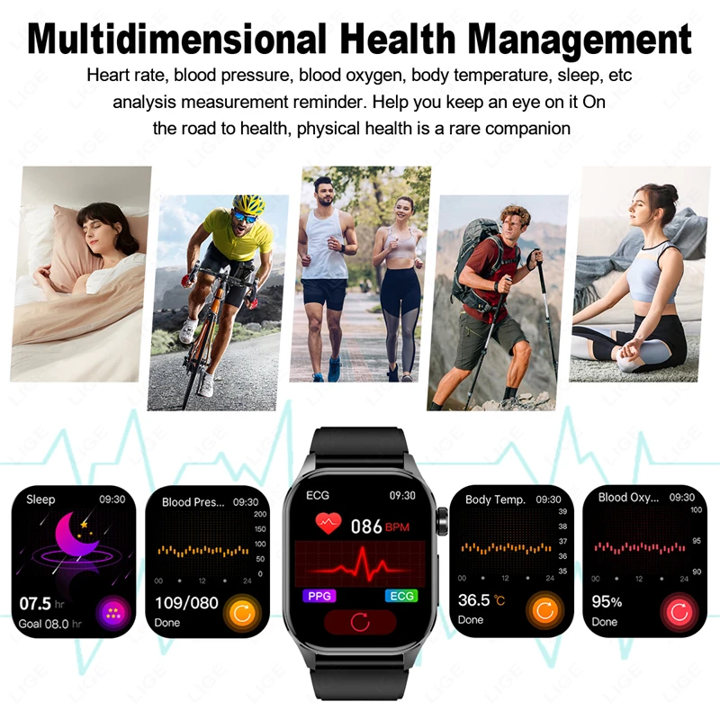 LIGE ECG Smartwatch SOS Bluetooth Call Waterproof Sports Smart Watch 2.04\'\' HD Screen Men Health Monitoring Bracelets For Xiaomi