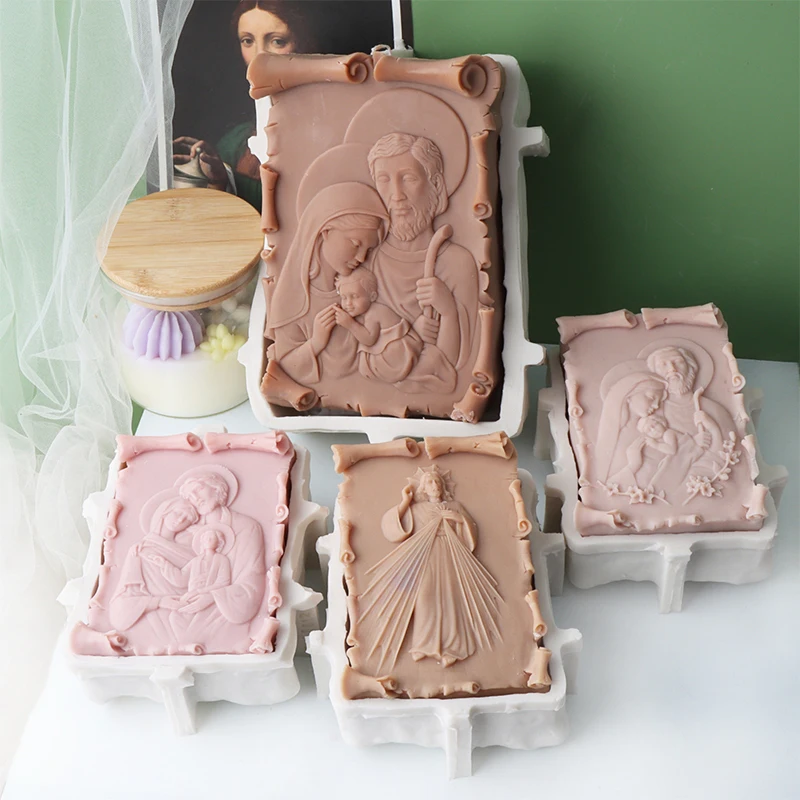 

New Art Sculpture Rolled Edge Jesus Family Candle Mold DIY Madonna Shape Soap Plaster Resin Making Supplies Art Home Decoration