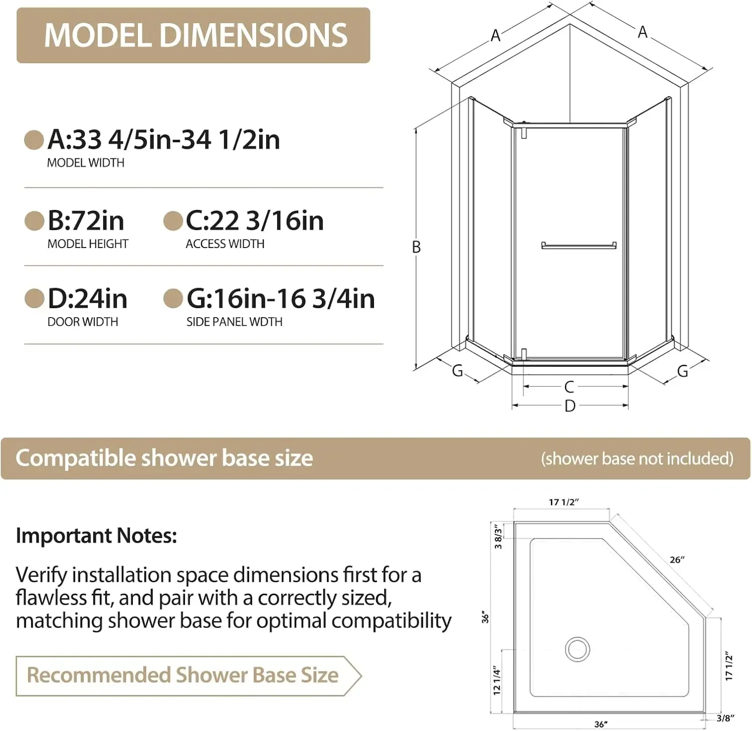 

Neo-Angle Shower Door 36"D x 36"W x 72"H, Matte Black Shower Enclosure with 1/4” (6MM) SGCC Tempered Glass, Pivot Corner Shower