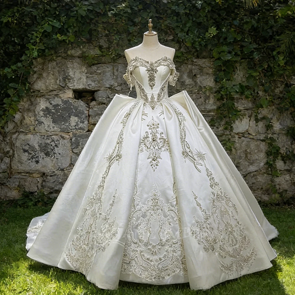 

Customized Bling Bling Women Wedding Dresses Sequins Short Sleeves Bridal Gowns Satin Scoop Formal vestidos de novia boda