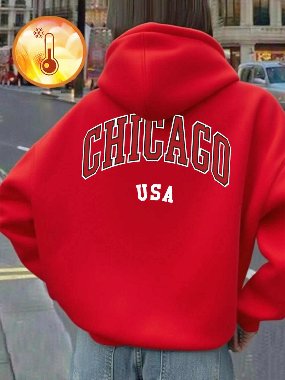 เสื้อฮู้ดพิมพ์ลายตัวอักษรชิคาโก สหรัฐอเมริกา สำหรับผู้หญิง เสื้อกันหนาวผ้าฟลีซอุ่นสบาย สไตล์ลำลอง มีกระเป๋า เสื้อสเวตเชิ้ตพื้นฐาน สวมใส่สบาย เสื้อผ้าผู้หญิง
