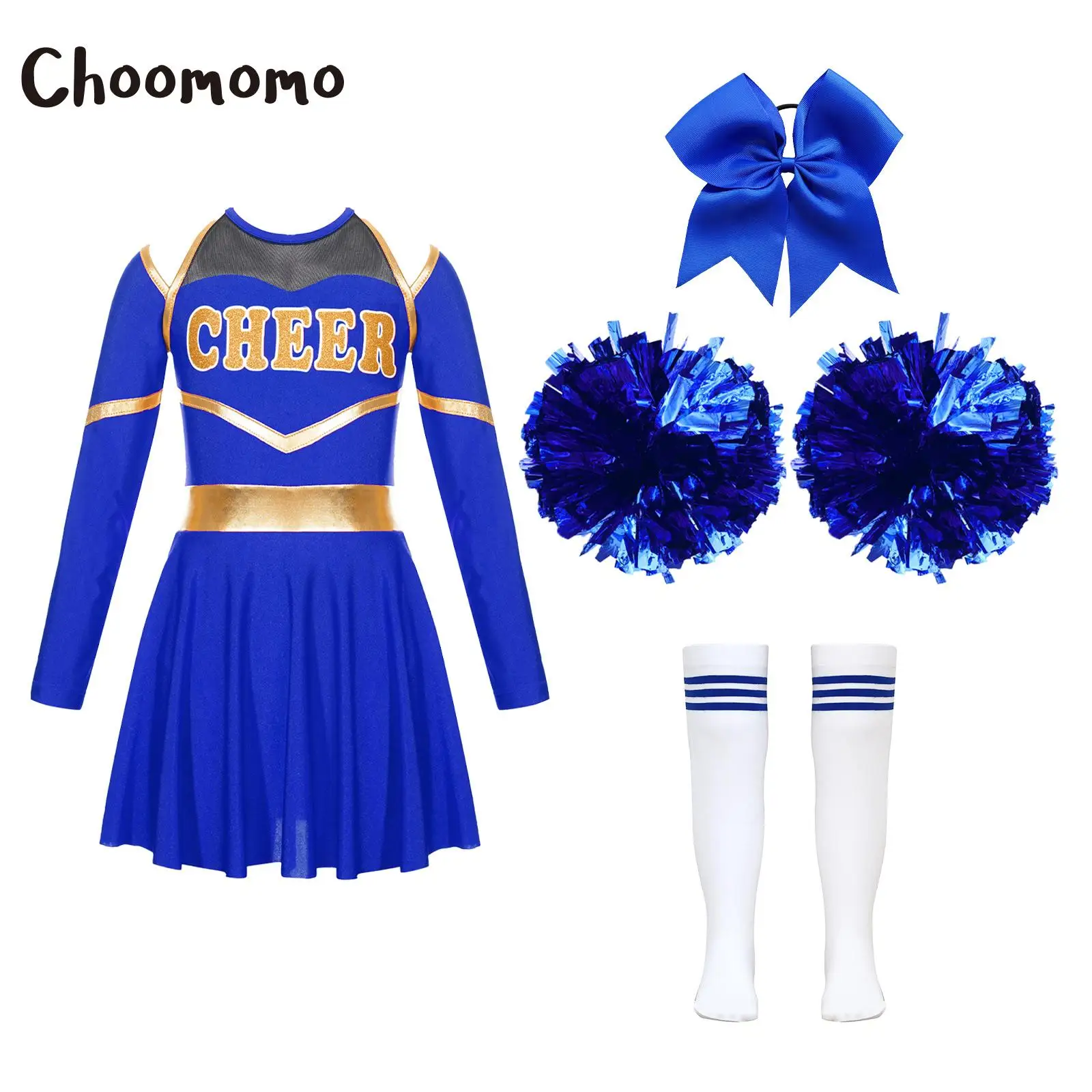 

Girls Cheerleading Costumes Uniform Cheerleader Outfits Long Sleeve Cheer Leotard Dress with Headwear Hand Flowers Striped Socks