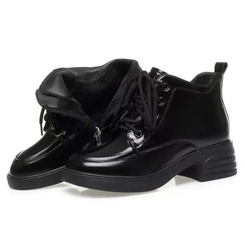 Women Winter New Real Leather Block Heel Lace Up Ankle Boots Soft Sole Round Toe High Top Plush Keep Warm Big Size Work Boots