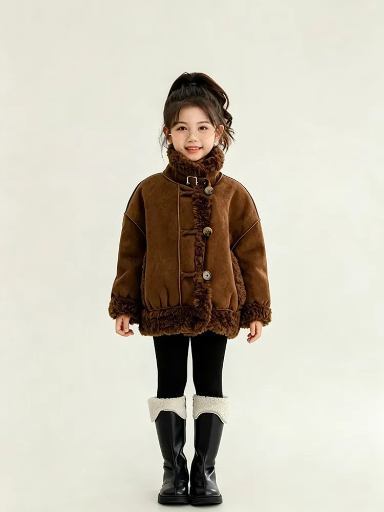 Mädchen Stehkragen Shearling-Mantel 2025 Neue Kinder-Kombinations-Lammwoll-Wildleder-Kurz-Motorradjacke Winter Warme Kinder-Oberbekleidung – Detail 3