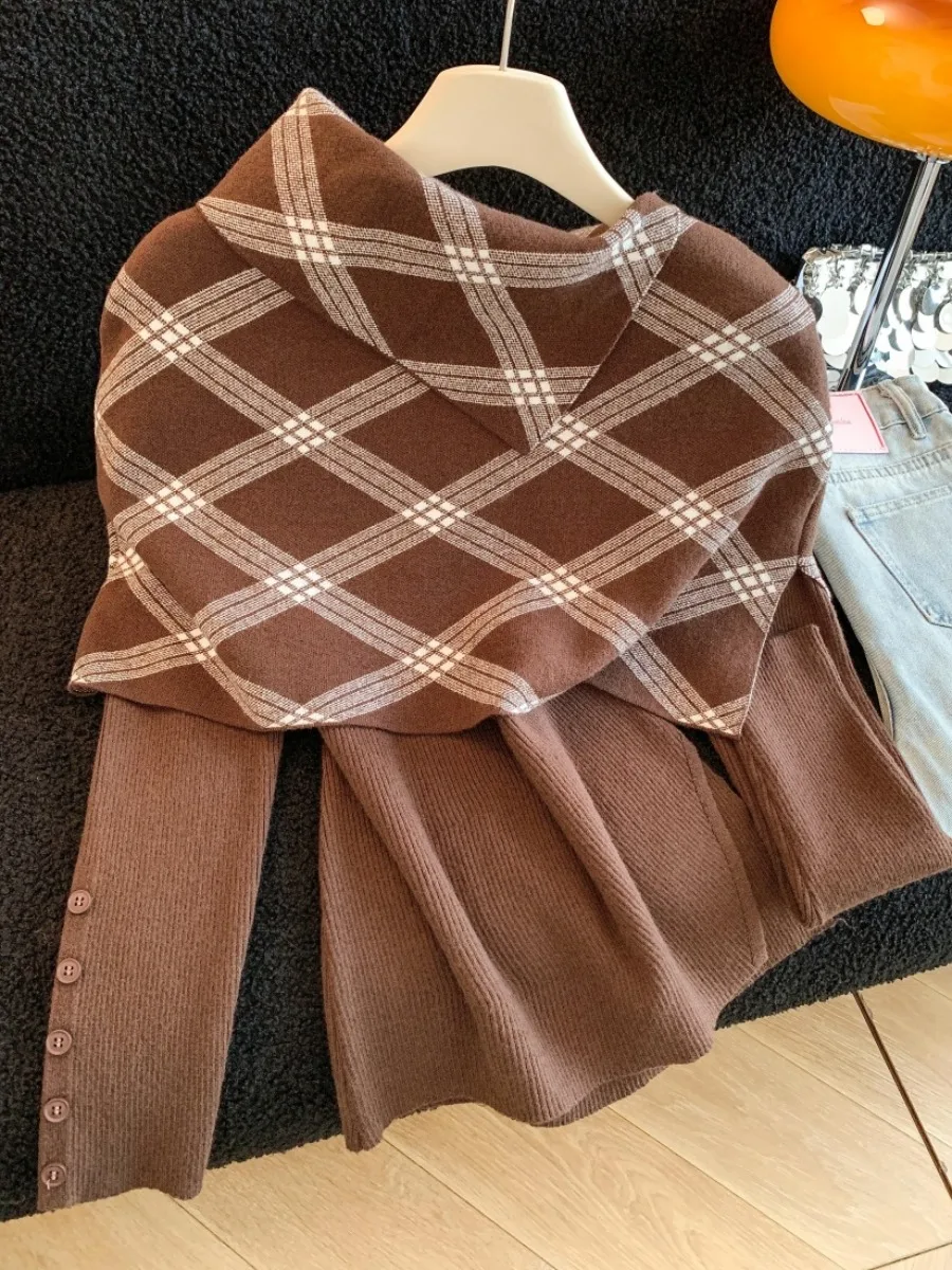 

Women's Plaid Cloak oulder Knitted Sweater round Ne Two-Piece Set Autumn Winter Commute Sle Slim Fit Long Sve Pure C...