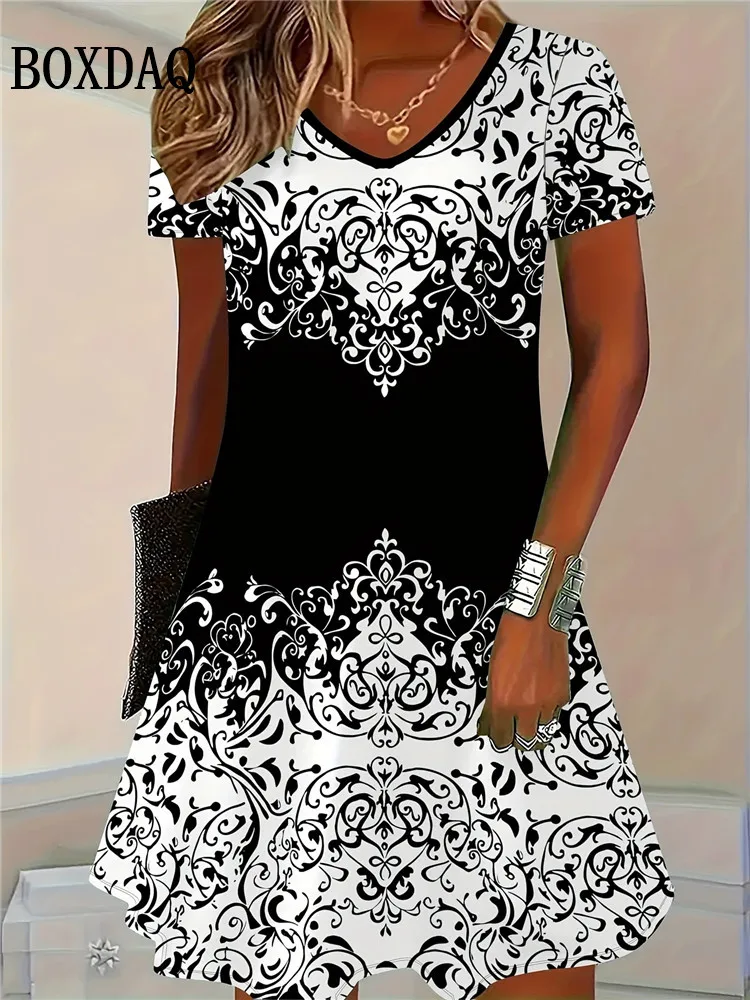 Gradiënt Print Jurken Voor Vrouwen 2023 Nieuwe Mode Plus Size Kleding Zomer Casual V-hals Korte Mouw Losse Midi Jurk Vrouwelijke