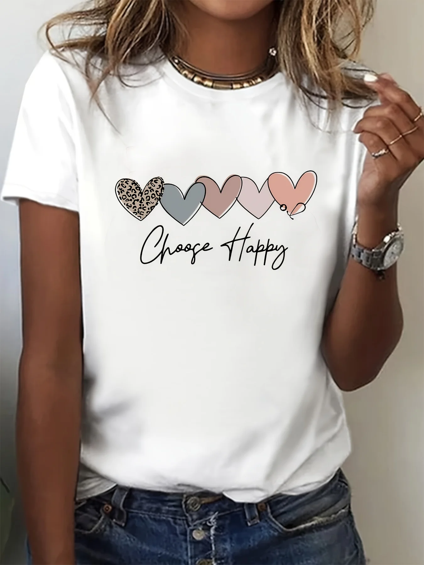 Heart & Happy Letter Print T-shirt Cute Short Sleeve Crew Neck Top Fashion Harajuku Kawaii T-shirt Women's Y2K Clothing
