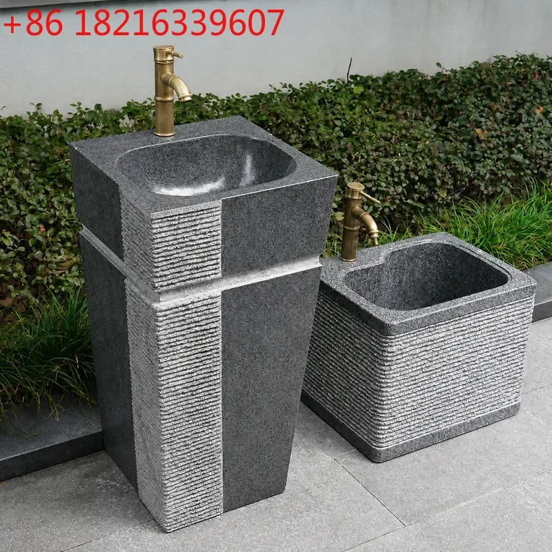 YAO Natural Stone Washbasin Integrated Courtyard Pool Outdoor Marble Column Basin Art Stone Carving Retro Style