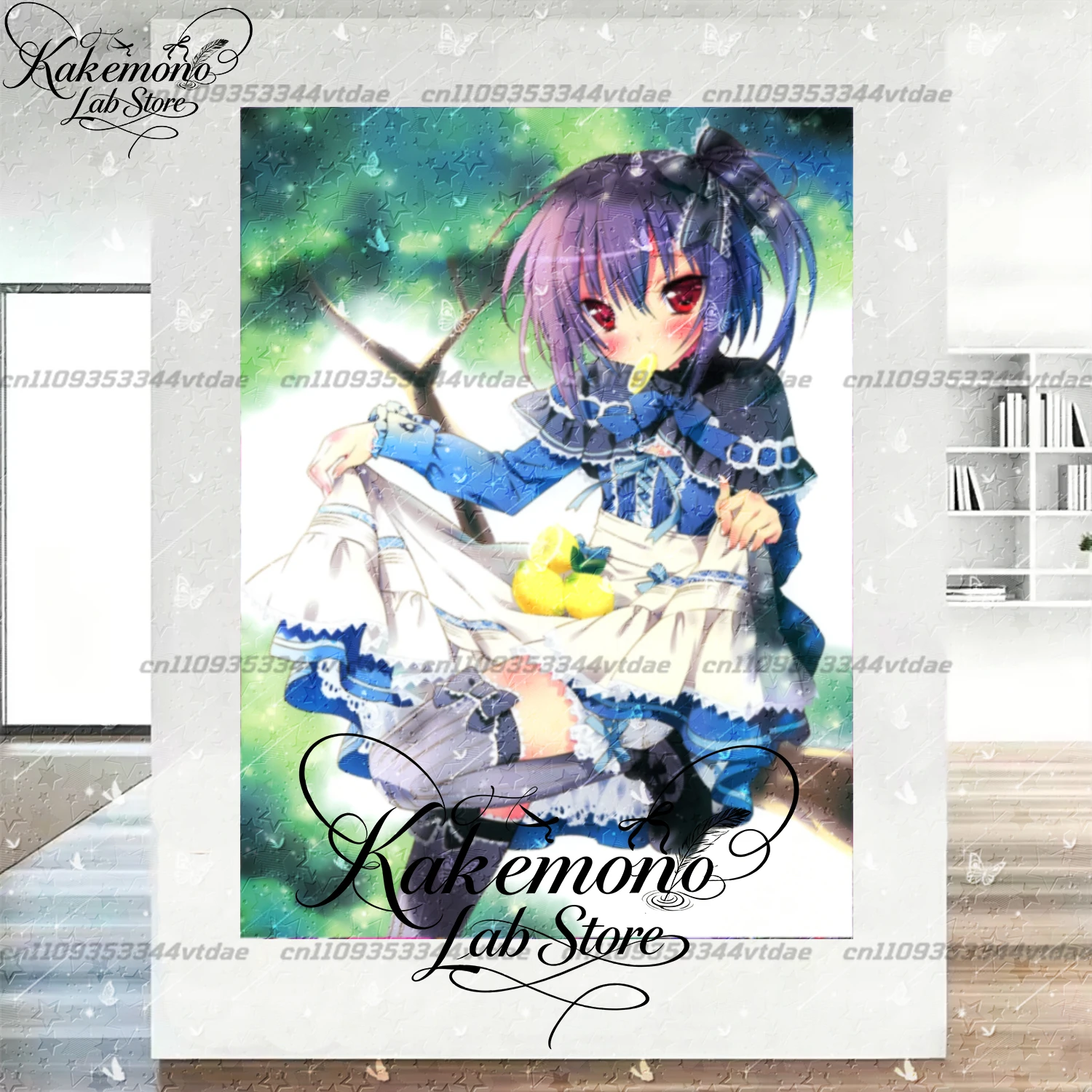 Anime Girl Tapestry Purple Hair Red Eyes Lolita Dress Lemon Print Wall Hanging Green Forest Background Bedroom Aesthetic Decor