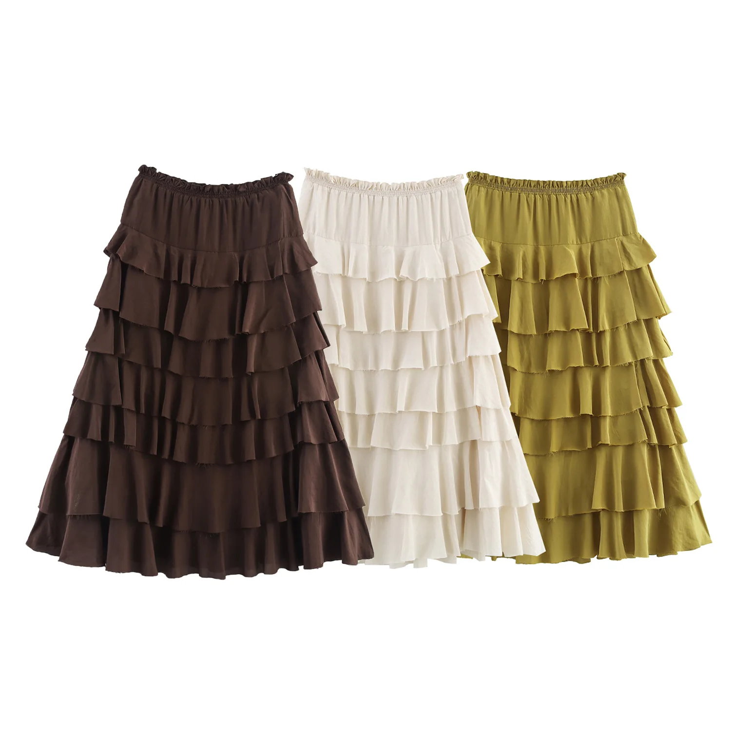 Women's Casual Layered Midi Skirt Tiered Ruffle Skirt For Women High Waist Elastic Waist Flowy Cake Skirt In Three Colors 3Q5X