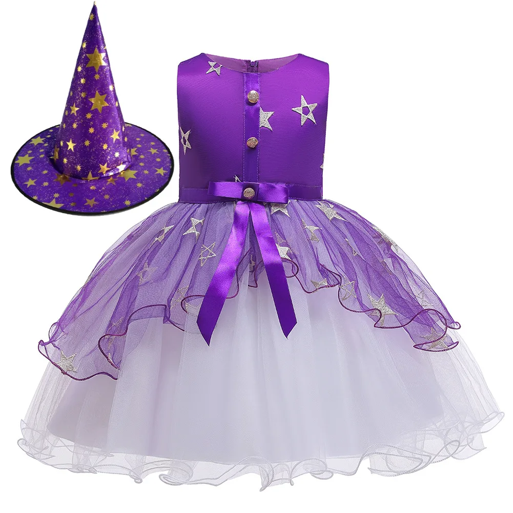 New Girls Halloween Witch Costume Sleeveless Star Print Tulle Tutu Dress+Hat Children Carnival Cosplay Dress Up Outfit 2pcs
