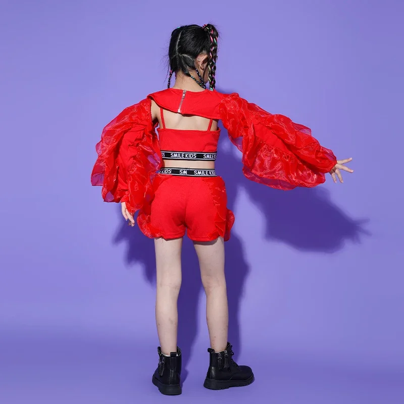 Disfraz de baile de Jazz para niña, traje de Kpop para adolescentes, ropa de escenario de actuación de Hip Hop, Tops de manga esponjosa roja,