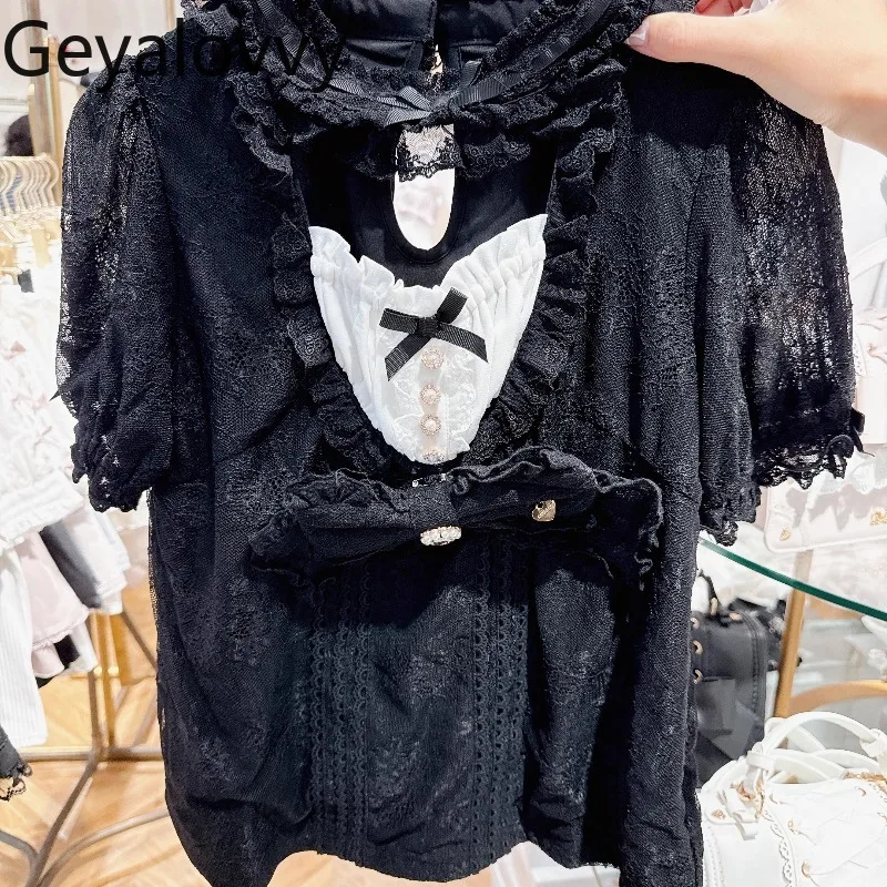 

Japanese Style Heavy-duty Sweet Cute Girls Lace Short-sleeve Large Bow Hollow Out Shirt Summer Exquisite Lolita T-shirt Tops