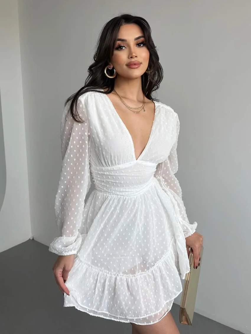 Marthaqiqi White Elegant Women Nightwear Long Sleeve Sleepwear V-Neck Pajamas Lace Up Pyjamas Mini Dress Casual Ladies Nightgown