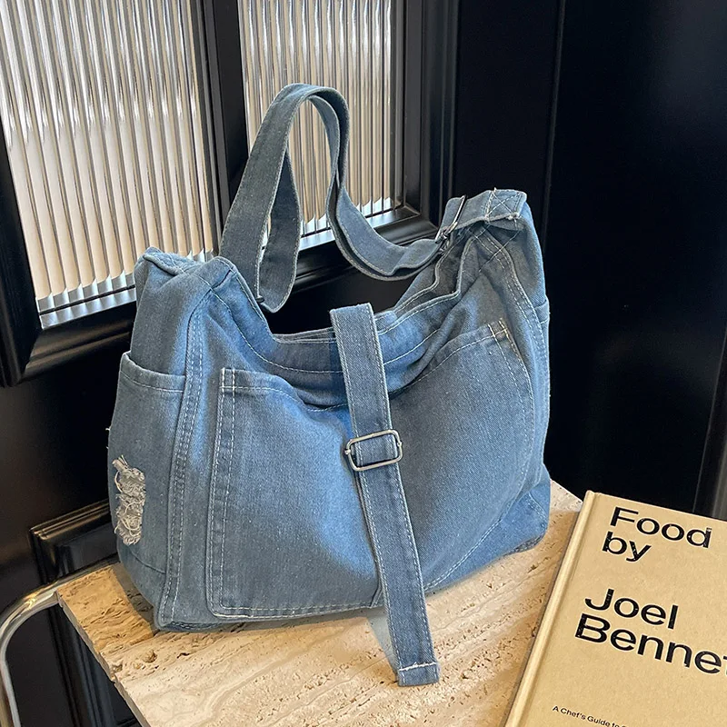 Sac en denim de grande capacité pour femme, sac fourre-tout décontracté, grand sac messager, classe d'étudiant, nouvelle mode, 2024