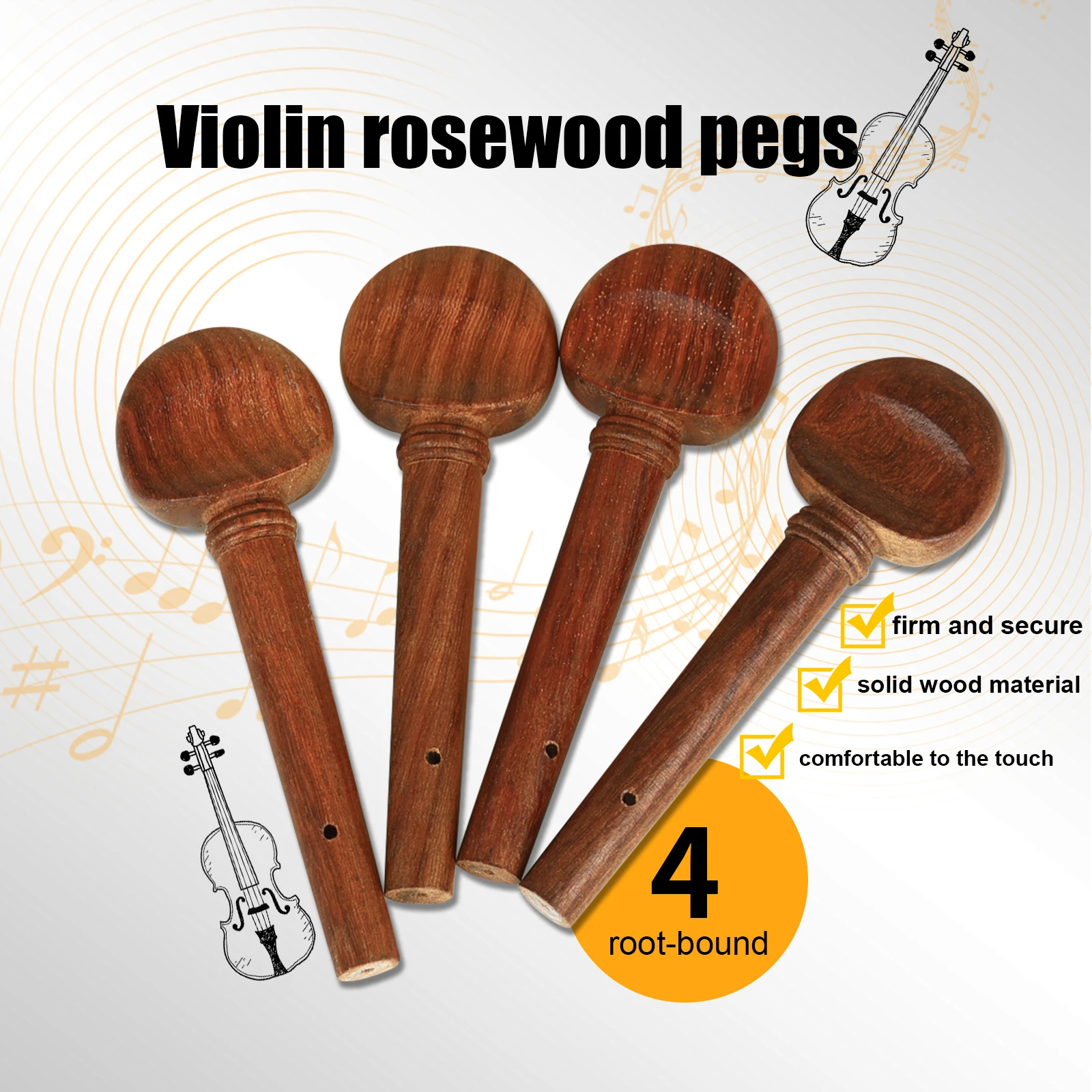 4/4 Violin Tuning Pegs Set Antique Style Hand-Carved Rosewood/Ebony Smooth Surface Replacement Accessories for Violin