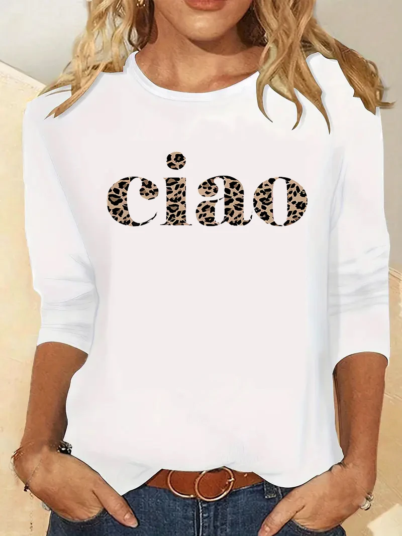 

Letter Ciao Leopard Heartbeat letter Printed Long Sleeve Shirt T Shirt Women's Print T-Shirt Crew Neck Top Tee Tshirt Casual