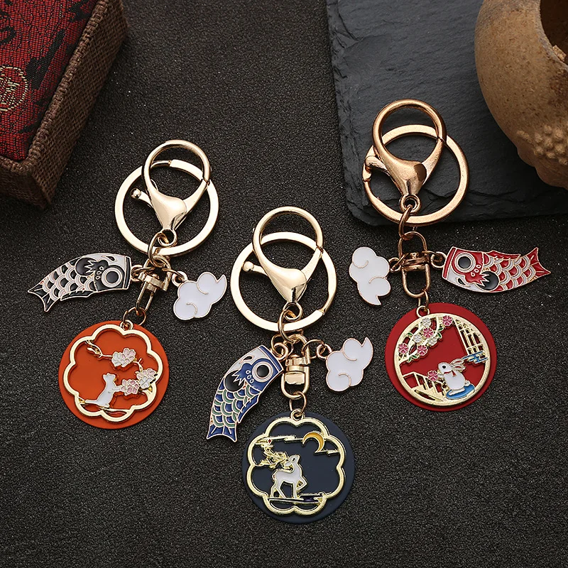 Fashion Chinese Style Koi Greetings Keychains Creative Cartoon Clouds Red Flower Keychain Car Bag Key Chain Pendant Jewelry Gift