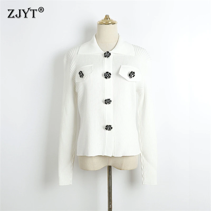 

ZJYT 2025 New Fashion Spring Cardigan Sweaters for Women Long Sleeve Knitting Tops Turn Down Collar Knitwears Jersey Mujer White