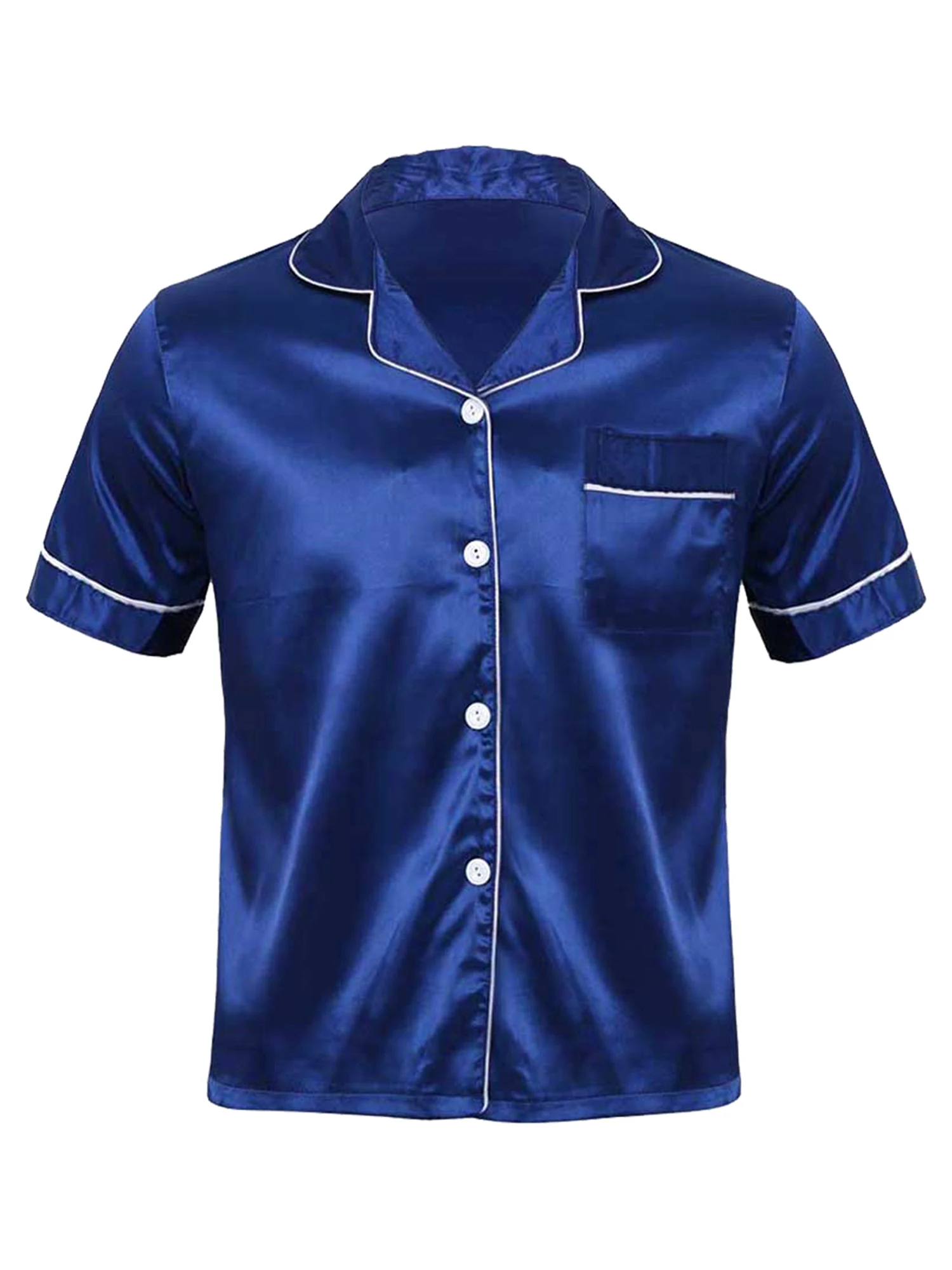 Mens Silky Satin Pajamas Tops Short Sleeve Notch Collar Button Down Shirts for Home Sleepwear Loungewear