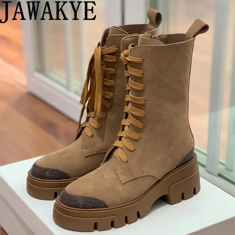 Designer Cow Suede Combat Boots Women Lace Up Thick Sole Motorcycle Boots Winter Street Fashion Cowboy Shoes Ankle Boots