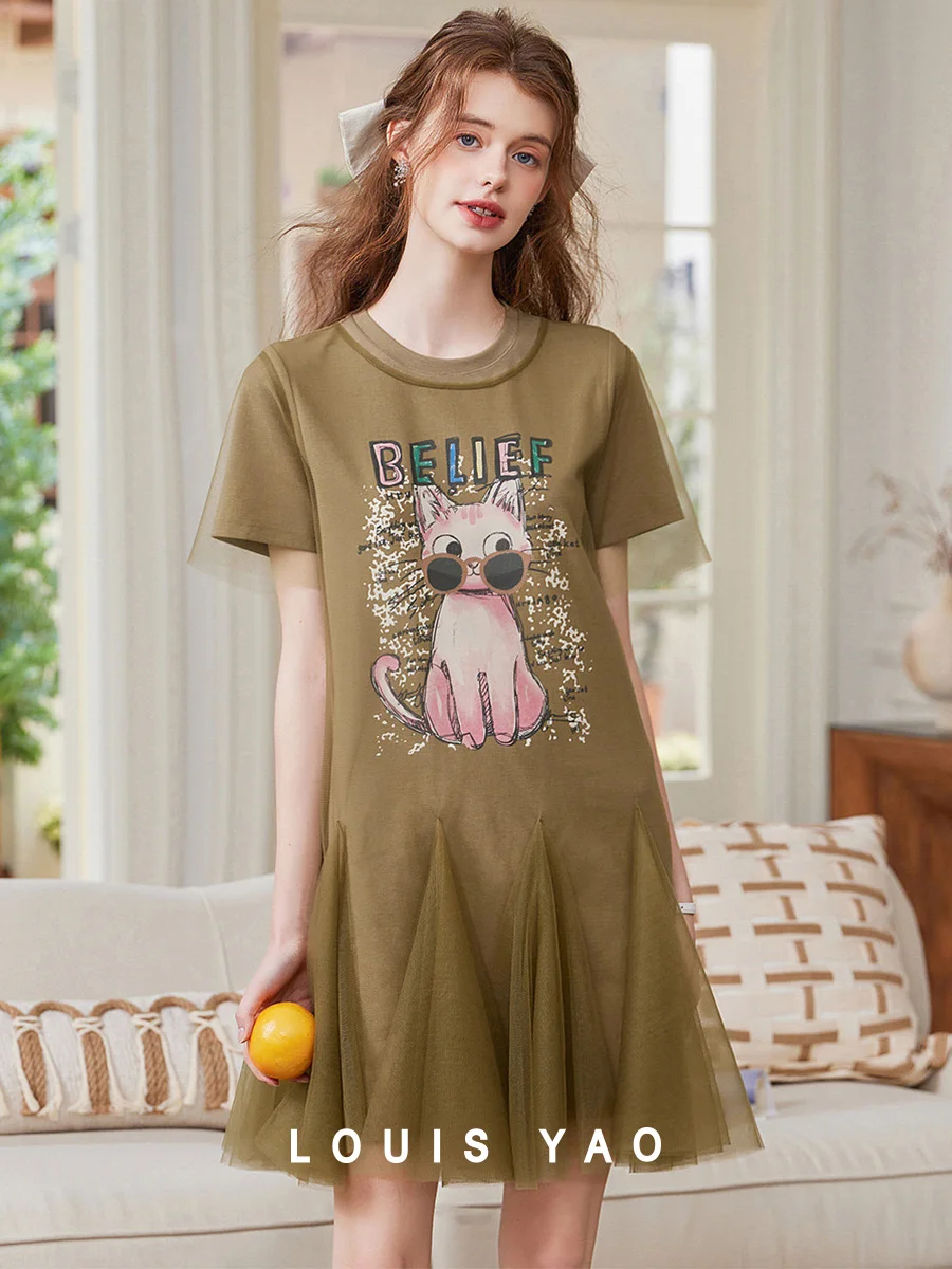 

LOUIS YAO 2025 Summer Sweet Splicing Mesh Women's Skirt Summer Age Reduction Cartoon Cat Letter Printed Short Sleeve Dress