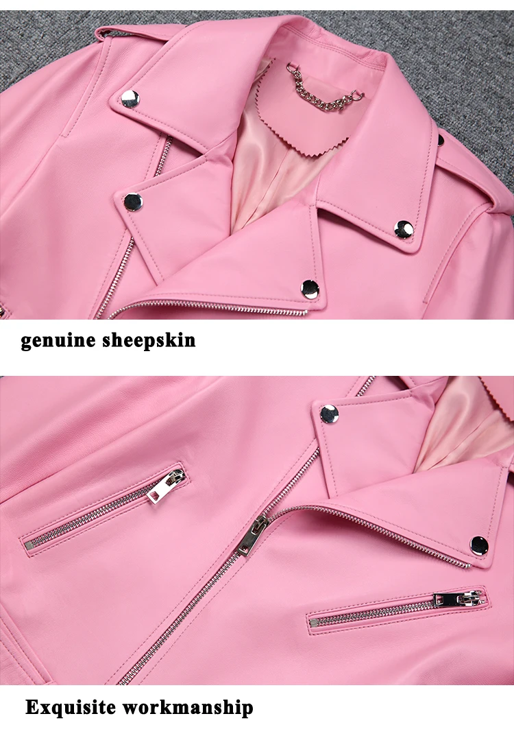 Genuine Leather Coat Women Metal Zipper Rivets Belt Short Handsome Pink Motorcycle Jacket Mujer Pure White Locomotive Clothing