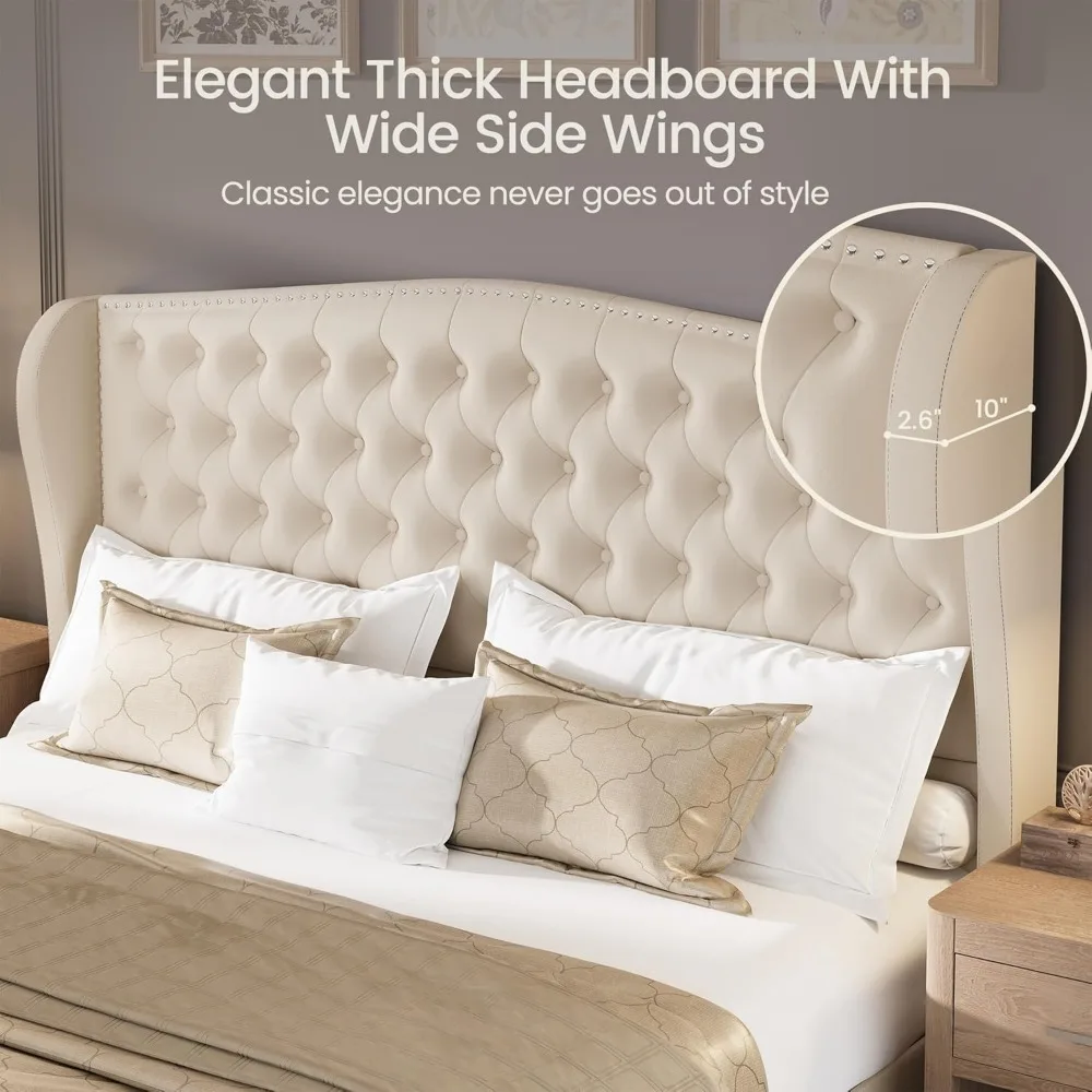 โครงเตียงขนาดคิงไซส์เตียงแพลตฟอร์มหุ้มกํามะหยี่พร้อมหัวเตียงและที่วางเท้าแบบ Wingback, กระดุมลึก, โครงเตียง
