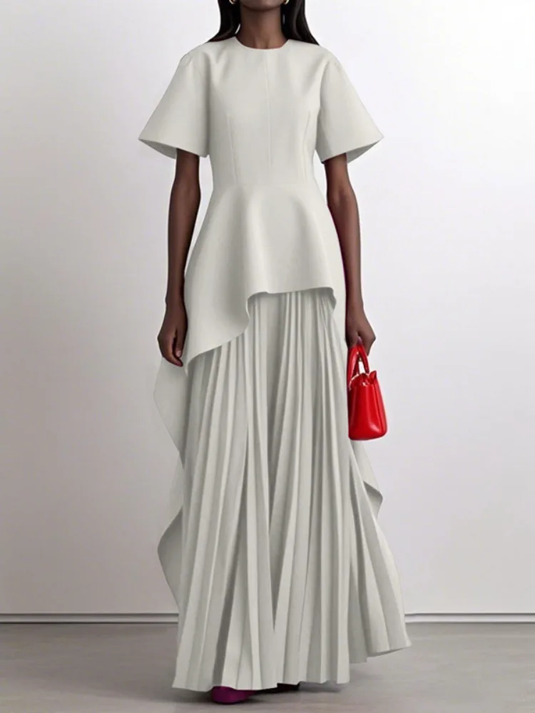 Yeezzi Elegant Women's Wedding Banquet Peplum Dress 2025 New Short Sleeves Pleated Irregular Hem Party Evening Maxi Dresses