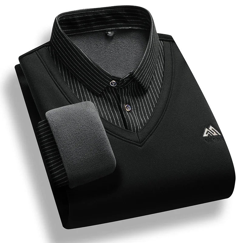 팝 남성용 양털 안감 스웨터 폴로 칼라 풀오버 탑 가짜 투피스 패션 비즈니스 인과 풀오버 두꺼운 겨울 의류