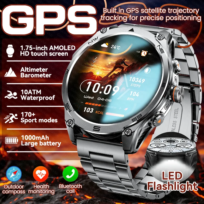 

New Military GPS Satellite Smart Watch Outdoor Men1000mAh Battery Flashlight BT Call 10ATM Waterproof Sports AMOLED Smartwatches