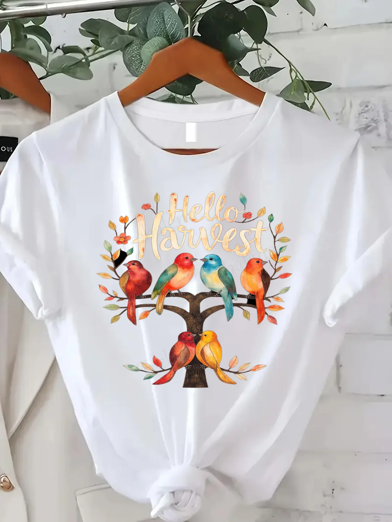 

Comfortable Women's Print T-shirt "Hello Harvest Colorful Birds T-Shirt for Women Fall Season Style"