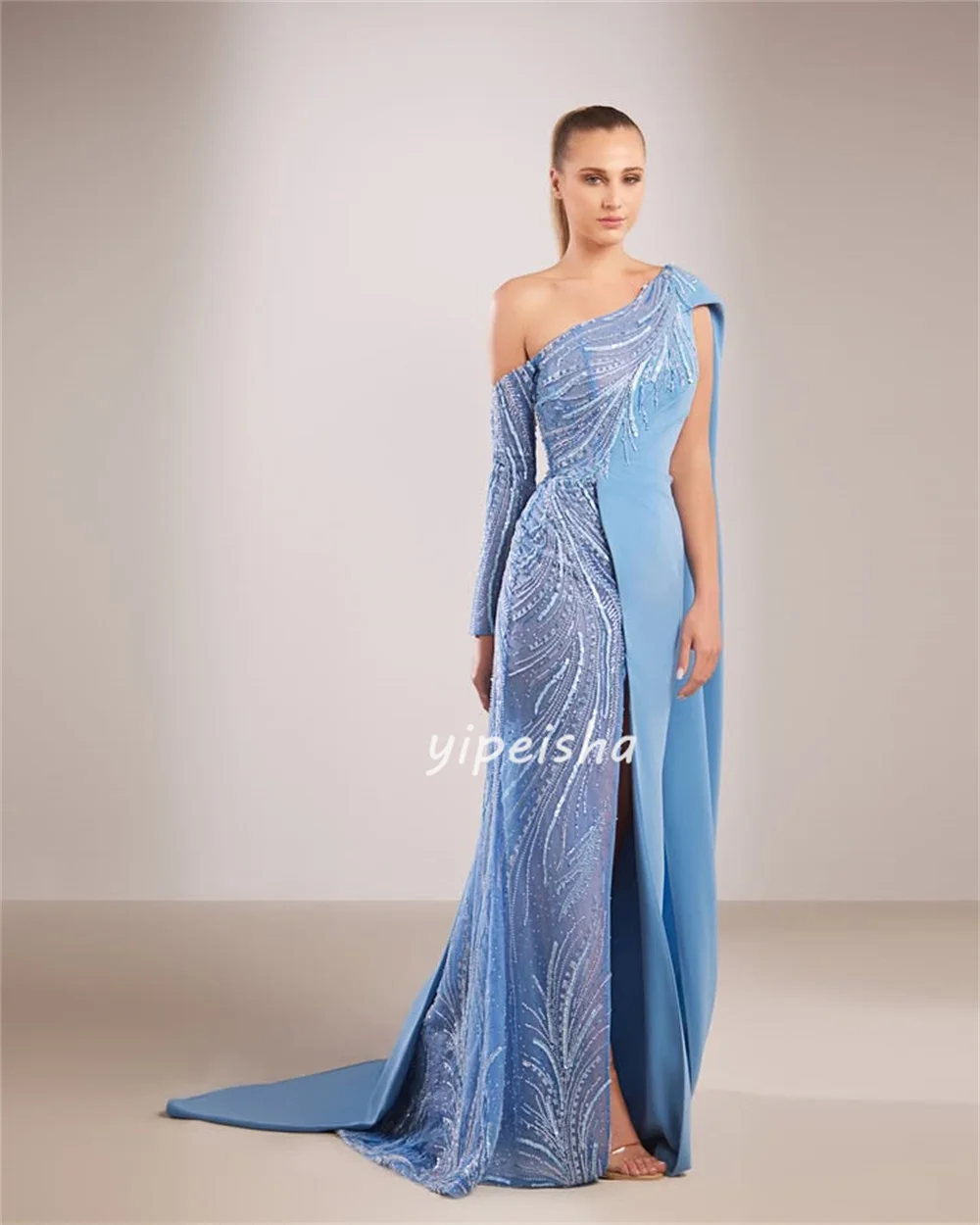 Индивидуальные высокое качество замысловатый трикотаж с бисером и блестками Русалка на одно плечо Длинные платья на заказ Модные платья для особых случаев