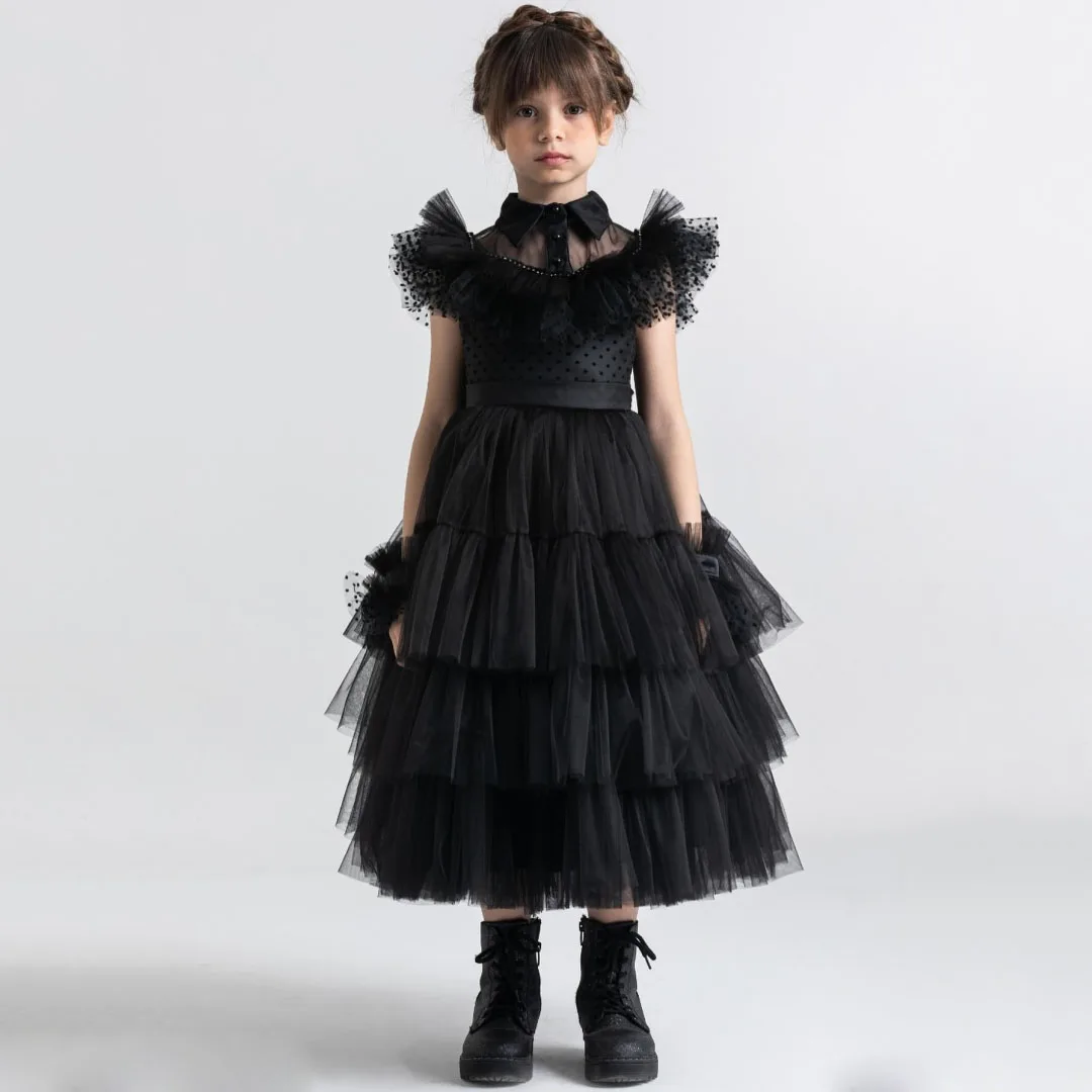 Customized Flower Girl Dress Black Tulle Pleat Tiered Polk Dot Short Sleeve For Wedding Birthday Party Prom Banquet Daily Gown