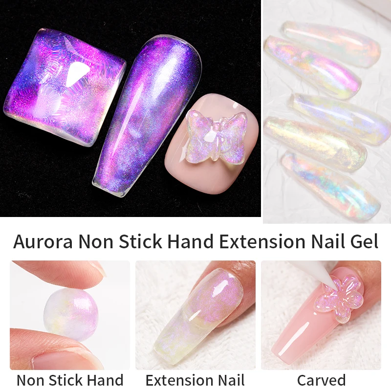 Bozlin 15Ml Aurora Non-Stick Handverlenging Nagelgel 3d Uv Aurora Glitter Nude Roze Witte Verlengingsgel Nail Art Shaping