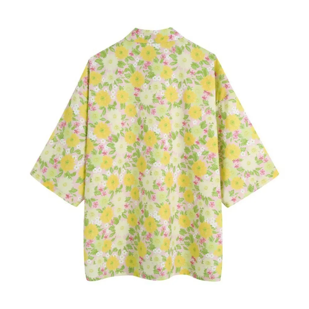 

Women's Hong Kong Style Retro Yellow Flower Print Loose Shirt And Trousers Summer Two-Piece Set Fashion Wholesale
