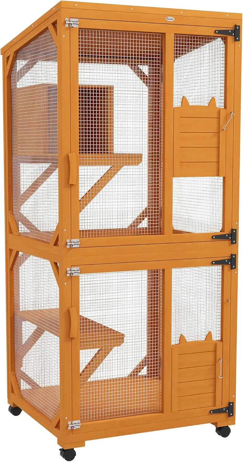 Pawhut Wooden Catio With Waterproof Roof, Large Cat House With High-Up Resting Box, Indoor & Outdoor Cat Enclosure With Wheels,