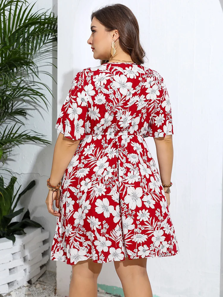 GIBSIE Plus Size Floral Print V-Neck Short Sleeve Dress Women 2024 Summer Elastic Waist Casual Loose Boho Mini A Line Dresses