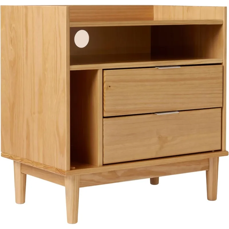 Blythe Mid-Century Modern Tray-Top Storage Nightstand, 25 Inch, Natural Pine