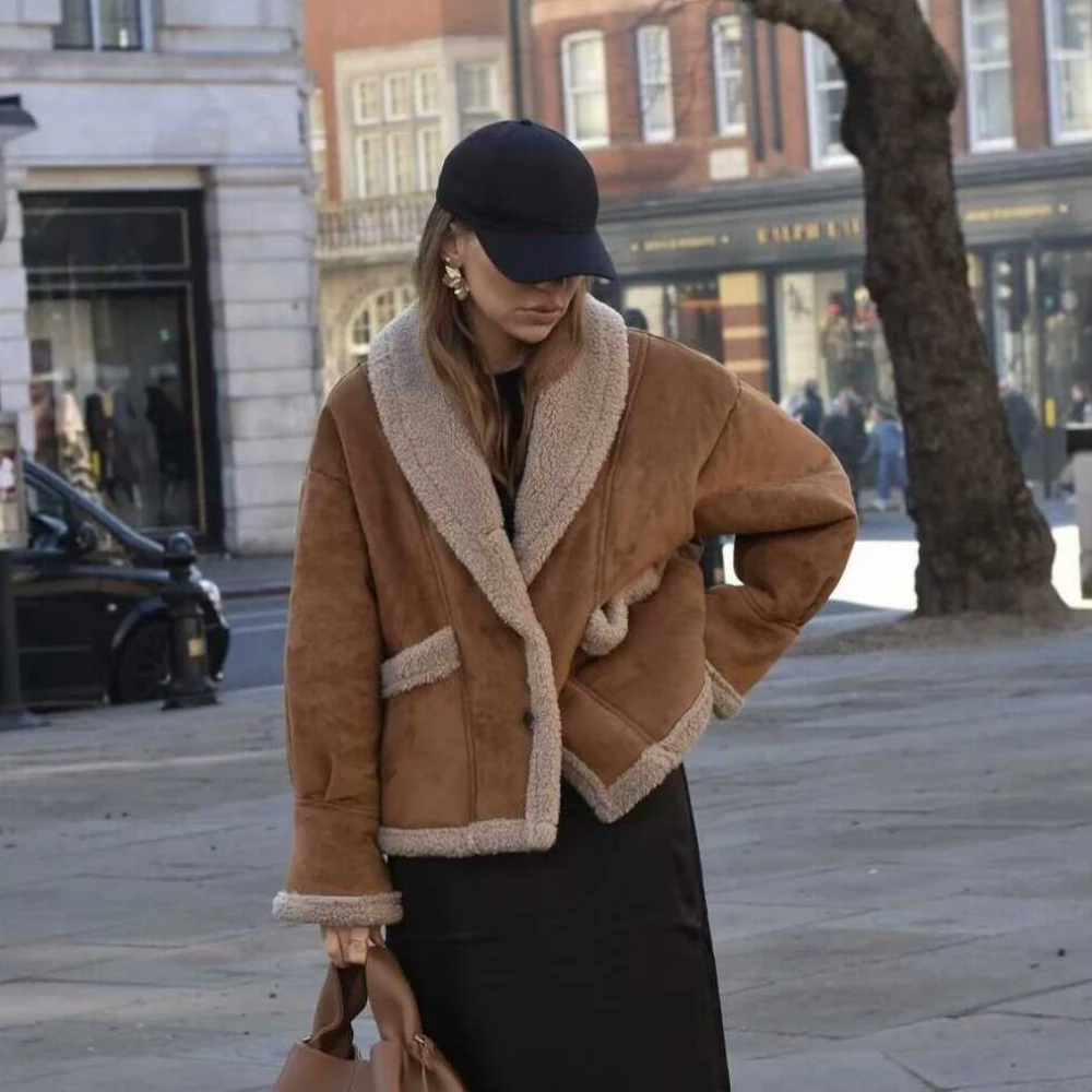 Suninheart Autumn and Winter Warm Cotton Jacket Coat 2024 Loose Brown Faux Fur Suede Jacket Casual Oversize Coats Jacket Women