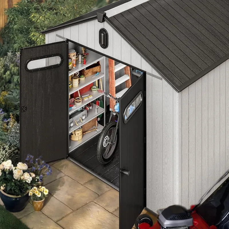 โครงสร้างเก็บของเรซิ่นขนาด 8x10 ฟุต, ตู้เก็บของพลาสติกสำหรับสวนกลางแจ้งขนาด 544 คิว พร้อมหน้าต่าง ช่องระบายอากาศ และประตูล็อคได้